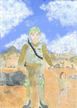 Soldat im Krieg rettet ein verletztes Kind