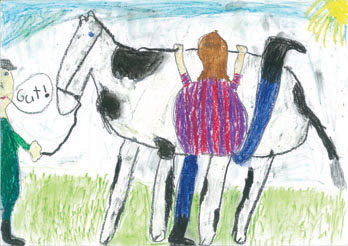 Opa hilft mir auf die Kuh